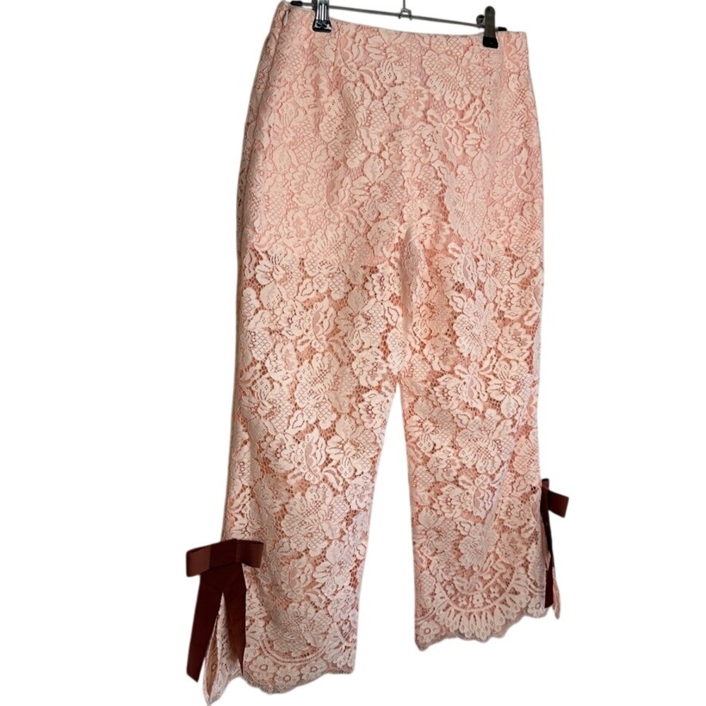 GANNI Duval Lace Trousers Pants Pink with Ribbon Wide Leg Cropped Size 34 US XS